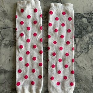 White and pink poke a dot leg warmers